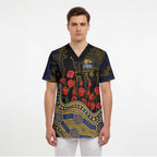 West Coast Eagles ANZAC Day Scrub Top Indigenous Dot Art with Poppy Flower Tribute