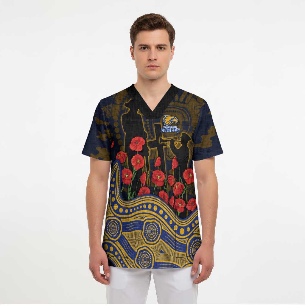 West Coast Eagles ANZAC Day Scrub Top Indigenous Dot Art with Poppy Flower Tribute