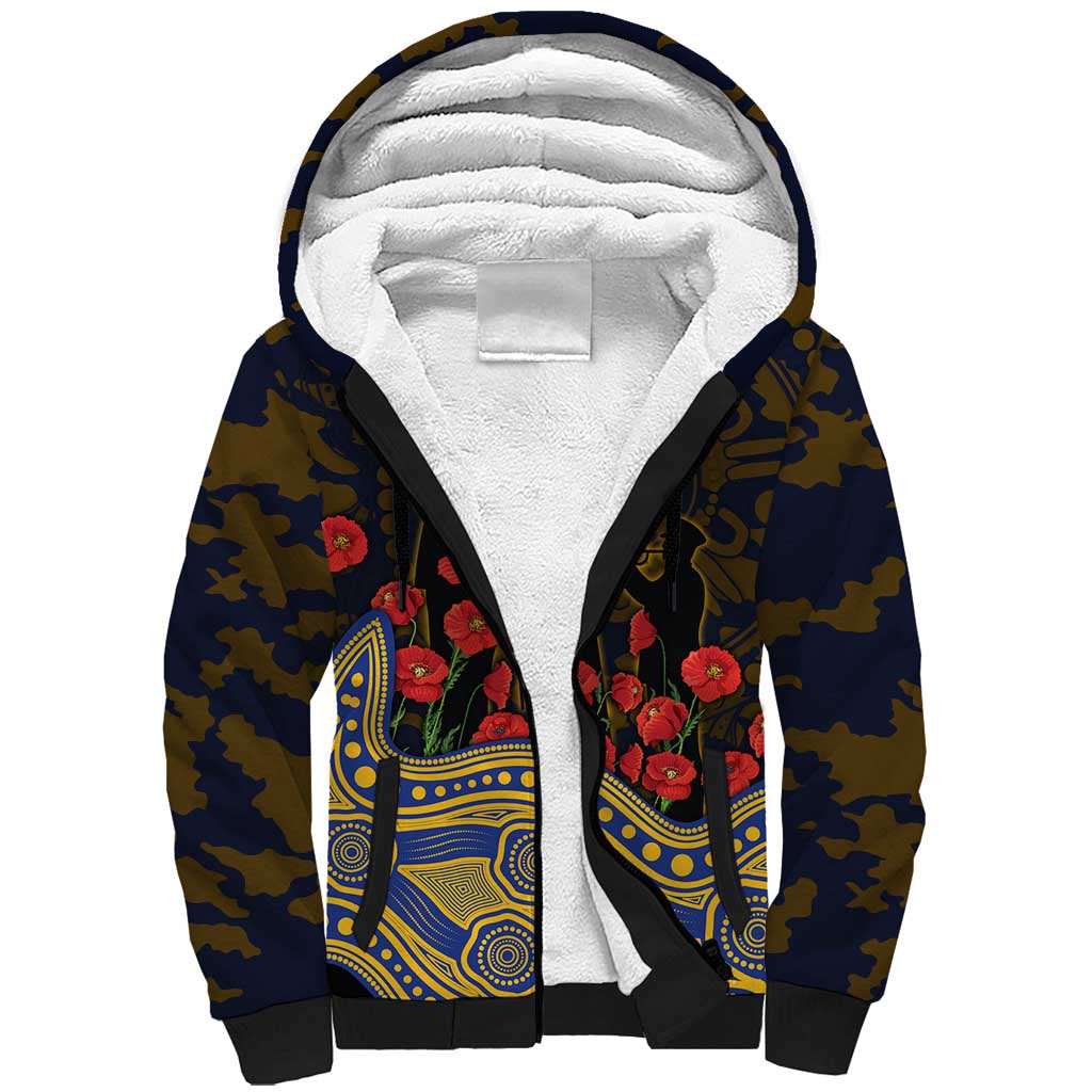 West Coast Eagles ANZAC Day Sherpa Hoodie Indigenous Dot Art with Poppy Flower Tribute