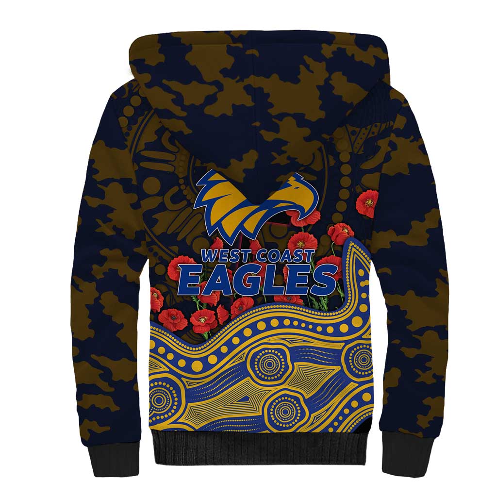 West Coast Eagles ANZAC Day Sherpa Hoodie Indigenous Dot Art with Poppy Flower Tribute
