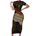 West Coast Eagles ANZAC Day Short Sleeve Bodycon Dress Indigenous Dot Art with Poppy Flower Tribute
