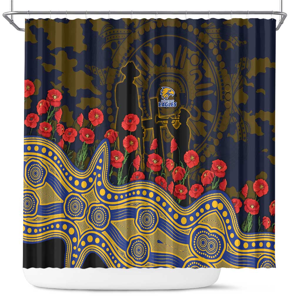 West Coast Eagles ANZAC Day Shower Curtain Indigenous Dot Art with Poppy Flower Tribute