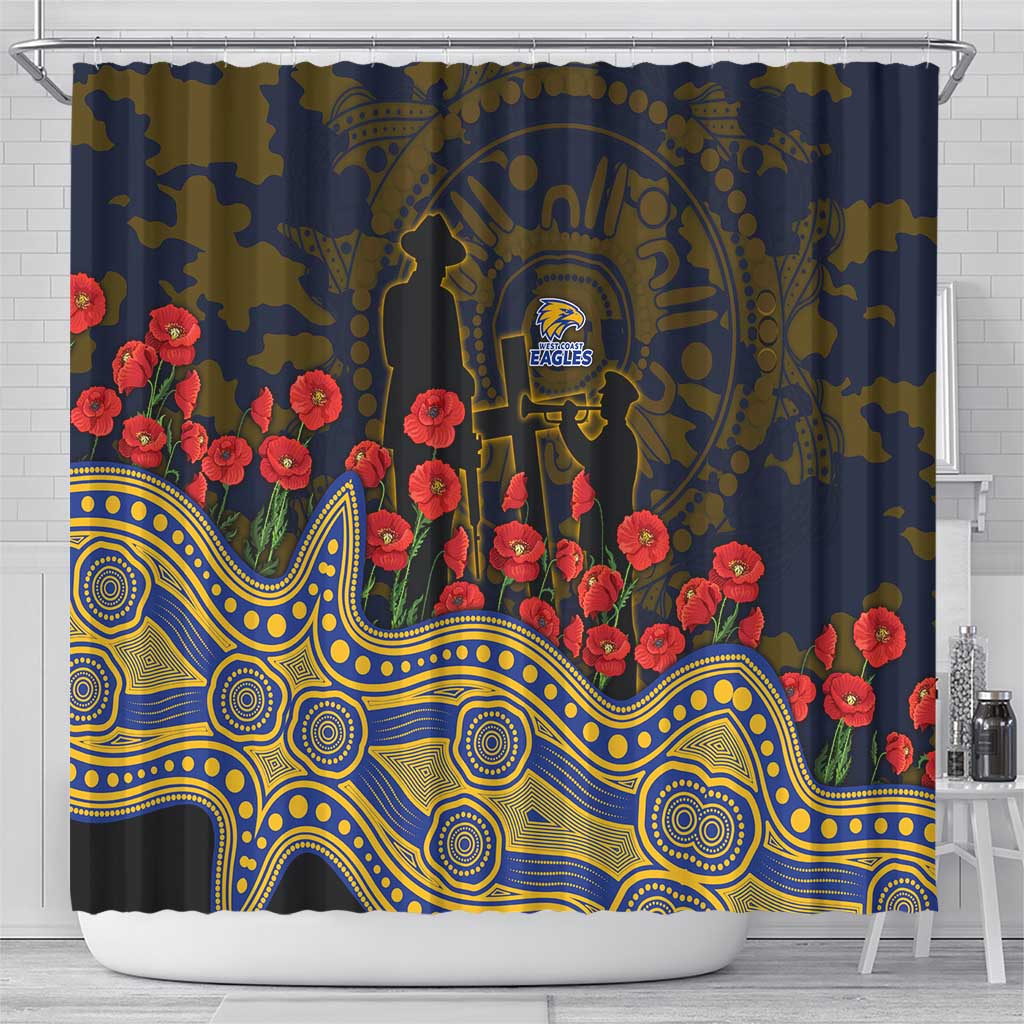 West Coast Eagles ANZAC Day Shower Curtain Indigenous Dot Art with Poppy Flower Tribute