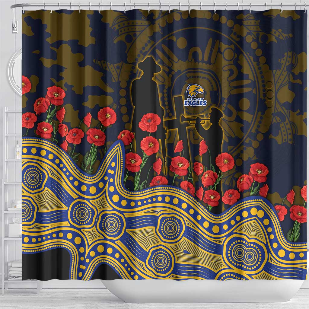 West Coast Eagles ANZAC Day Shower Curtain Indigenous Dot Art with Poppy Flower Tribute