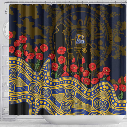 West Coast Eagles ANZAC Day Shower Curtain Indigenous Dot Art with Poppy Flower Tribute