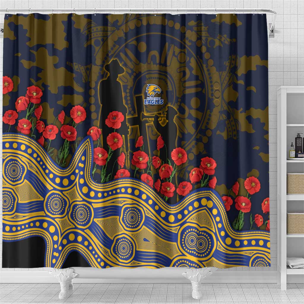 West Coast Eagles ANZAC Day Shower Curtain Indigenous Dot Art with Poppy Flower Tribute