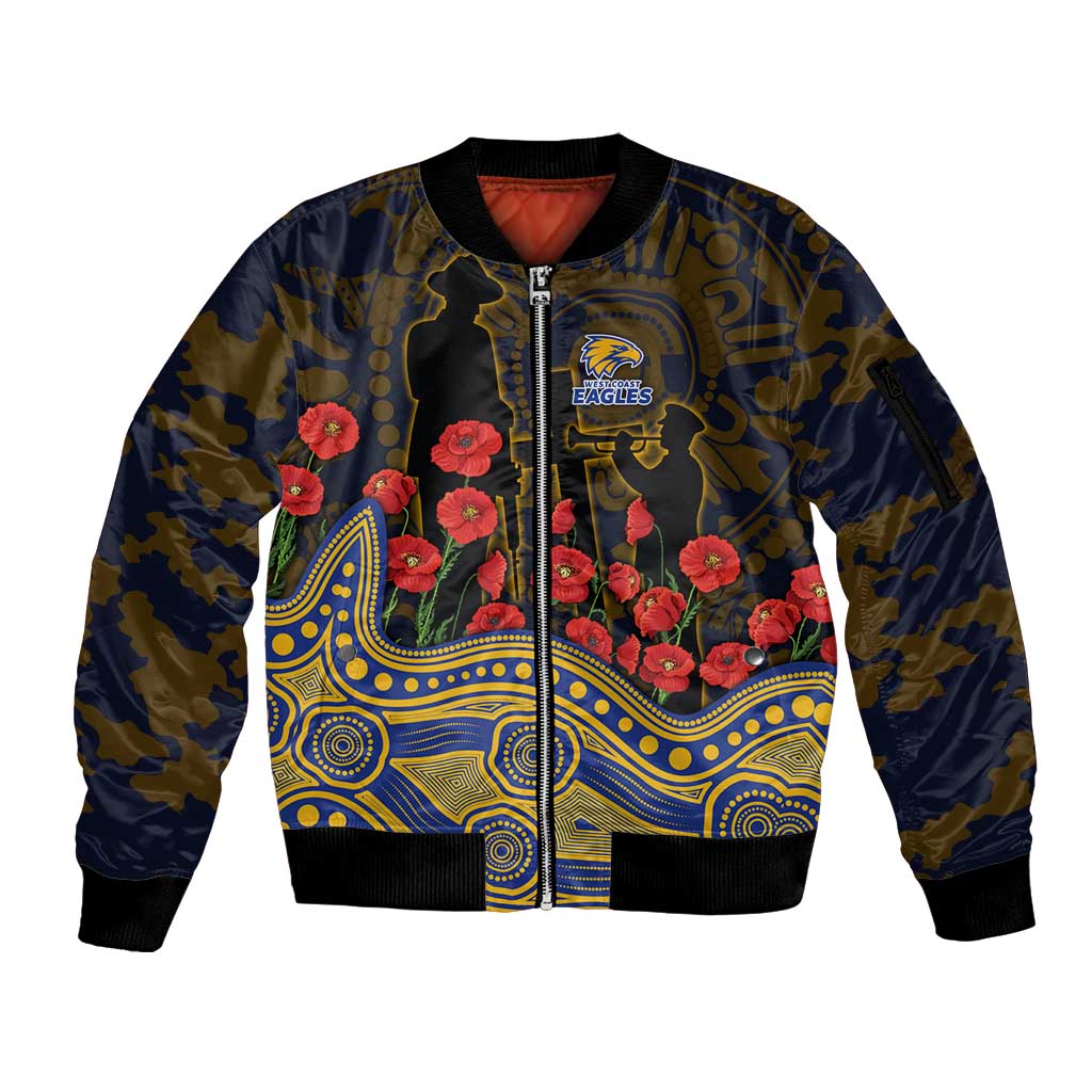 West Coast Eagles ANZAC Day Sleeve Zip Bomber Jacket Indigenous Dot Art with Poppy Flower Tribute