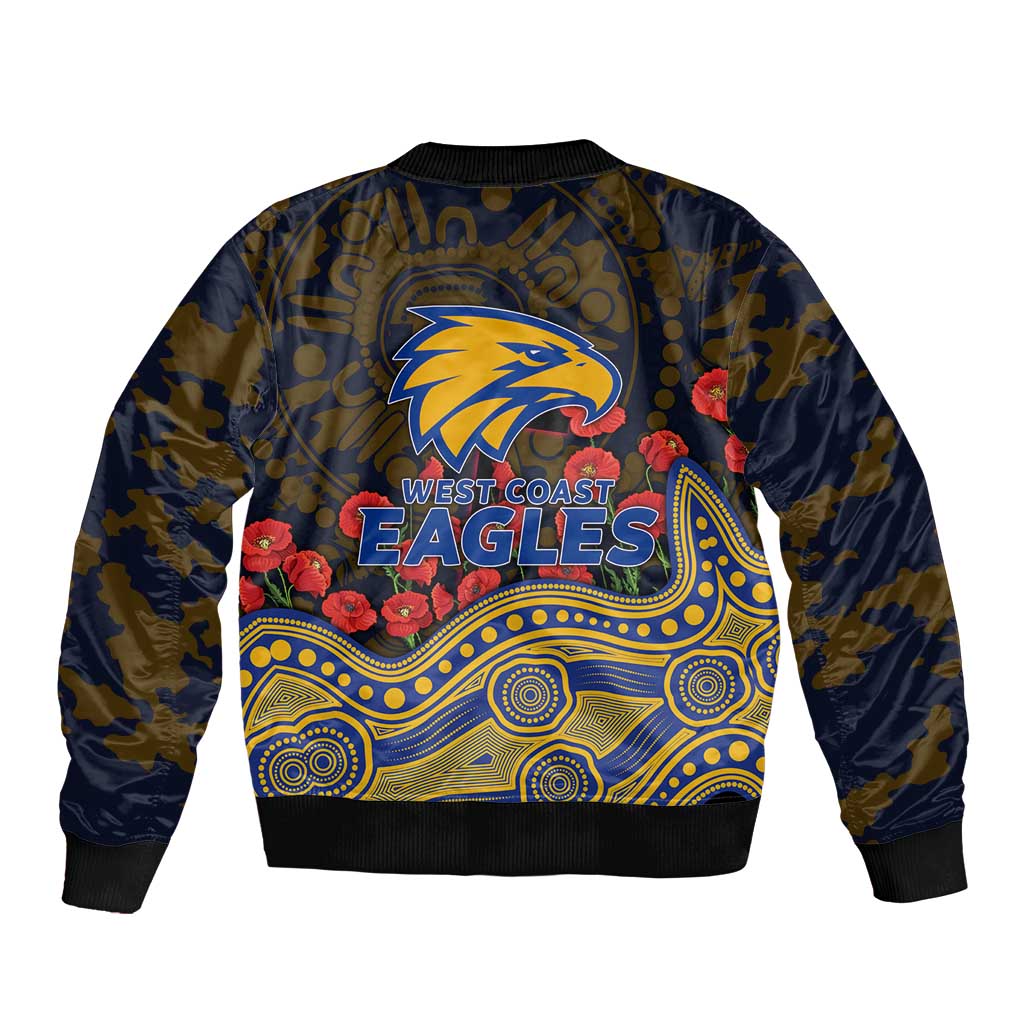 West Coast Eagles ANZAC Day Sleeve Zip Bomber Jacket Indigenous Dot Art with Poppy Flower Tribute