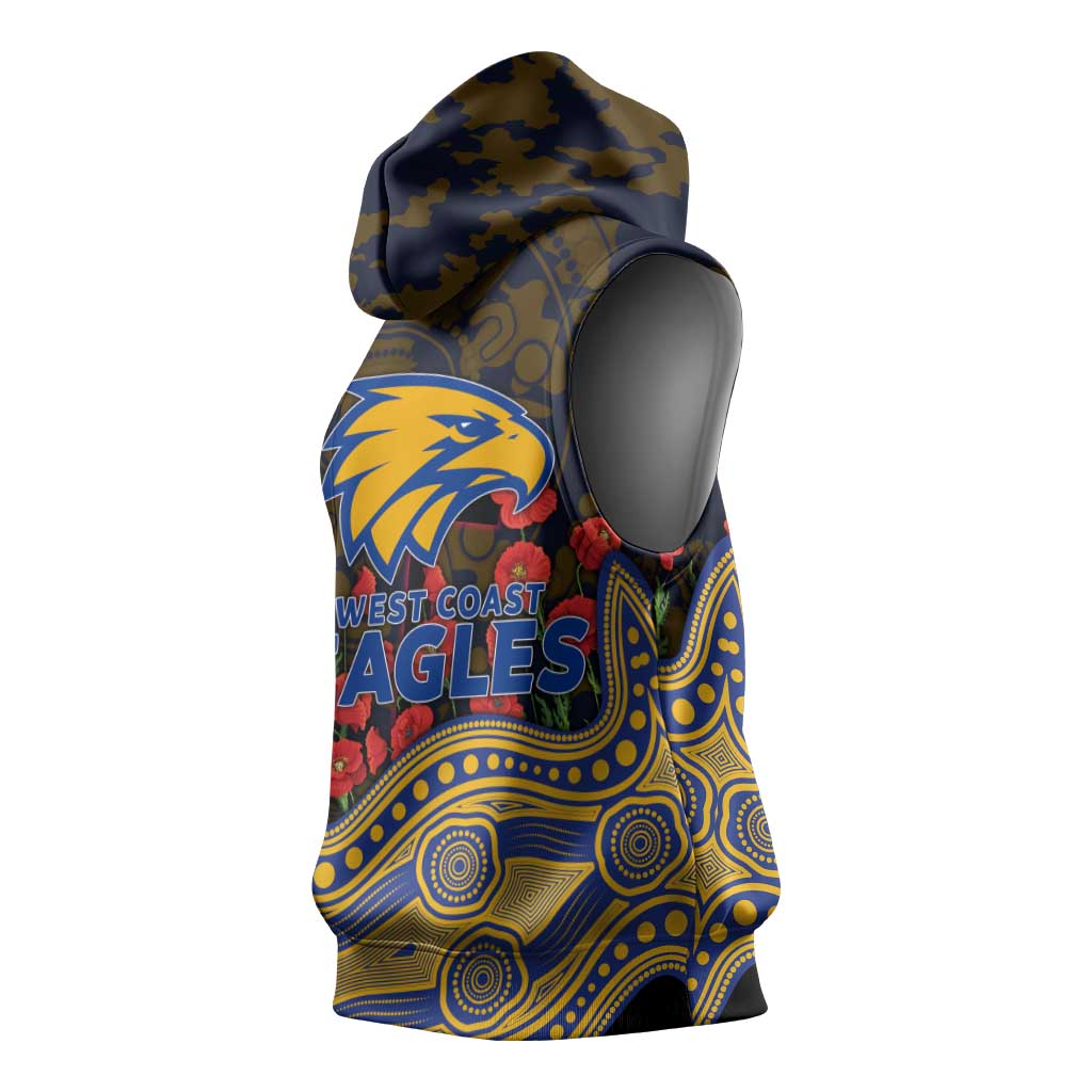 West Coast Eagles ANZAC Day Sleeveless Hoodie Indigenous Dot Art with Poppy Flower Tribute