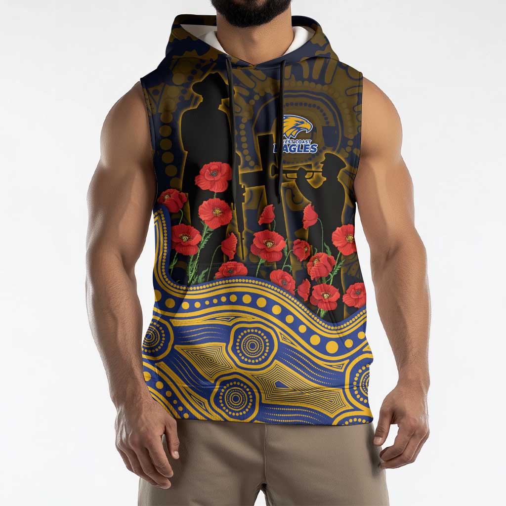 West Coast Eagles ANZAC Day Sleeveless Hoodie Indigenous Dot Art with Poppy Flower Tribute