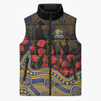 West Coast Eagles ANZAC Day Sleeveless Puffer Jacket Indigenous Dot Art with Poppy Flower Tribute