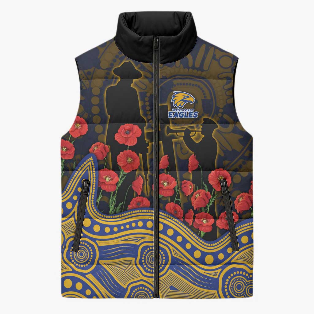 West Coast Eagles ANZAC Day Sleeveless Puffer Jacket Indigenous Dot Art with Poppy Flower Tribute