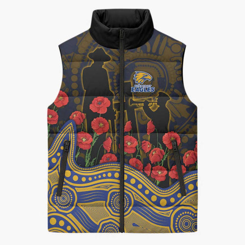 West Coast Eagles ANZAC Day Sleeveless Puffer Jacket Indigenous Dot Art with Poppy Flower Tribute