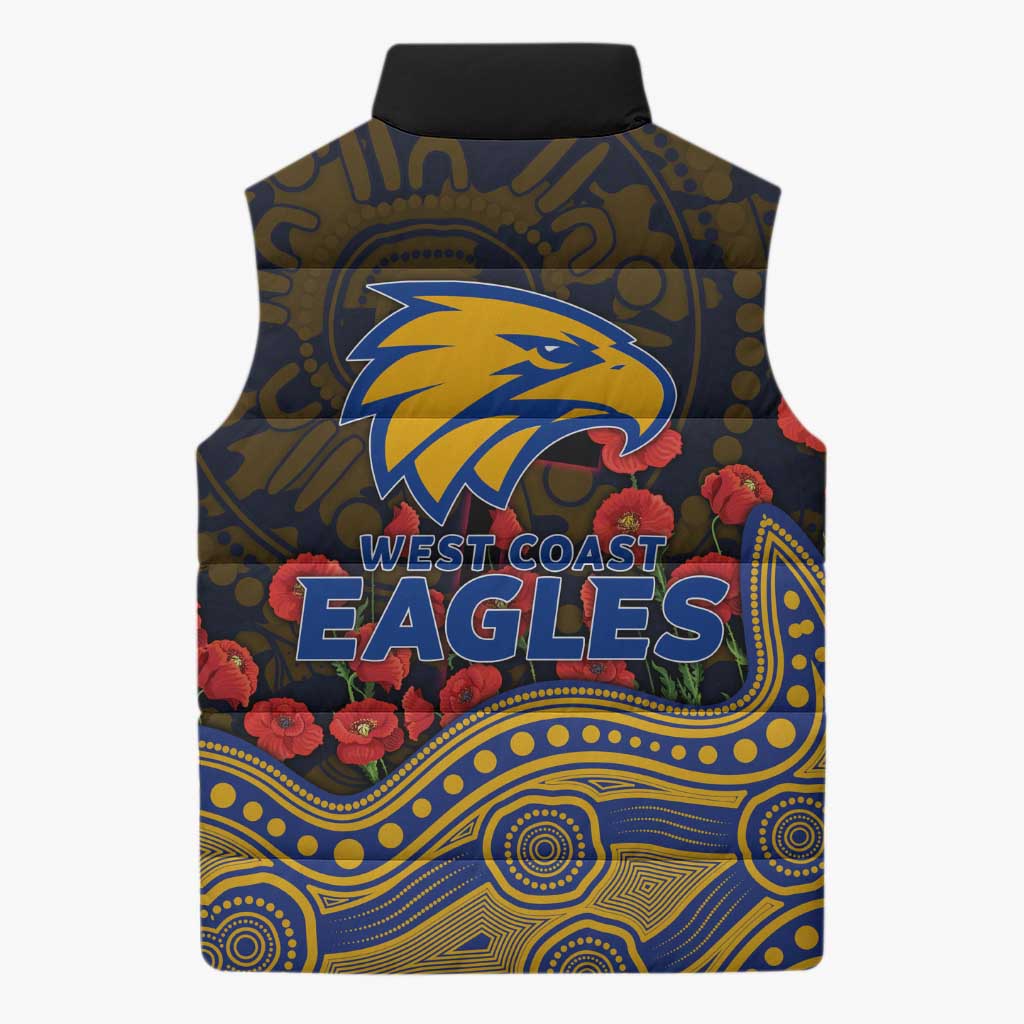 West Coast Eagles ANZAC Day Sleeveless Puffer Jacket Indigenous Dot Art with Poppy Flower Tribute