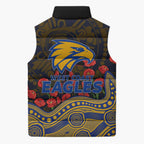 West Coast Eagles ANZAC Day Sleeveless Puffer Jacket Indigenous Dot Art with Poppy Flower Tribute