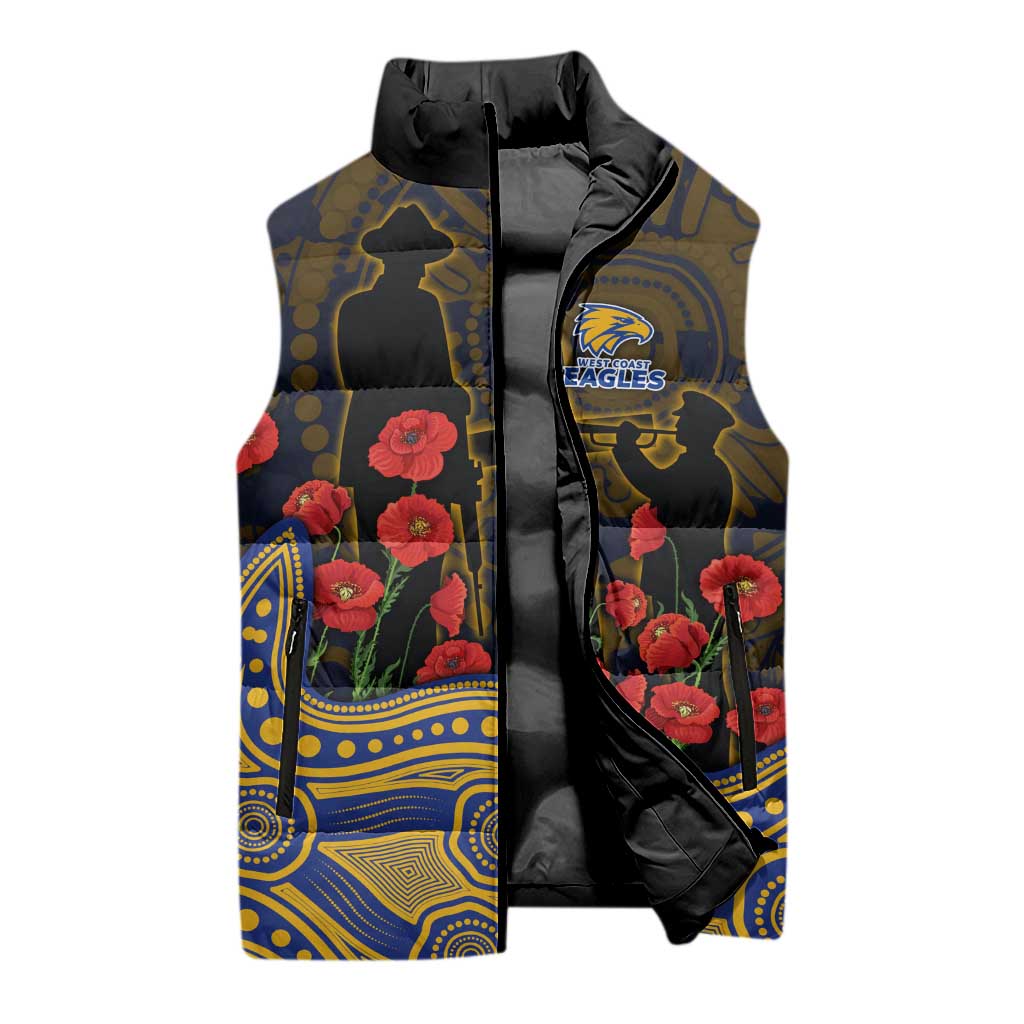 West Coast Eagles ANZAC Day Sleeveless Puffer Jacket Indigenous Dot Art with Poppy Flower Tribute