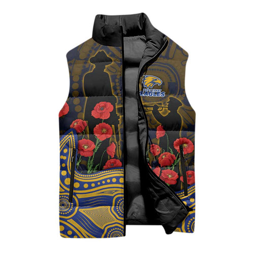 West Coast Eagles ANZAC Day Sleeveless Puffer Jacket Indigenous Dot Art with Poppy Flower Tribute