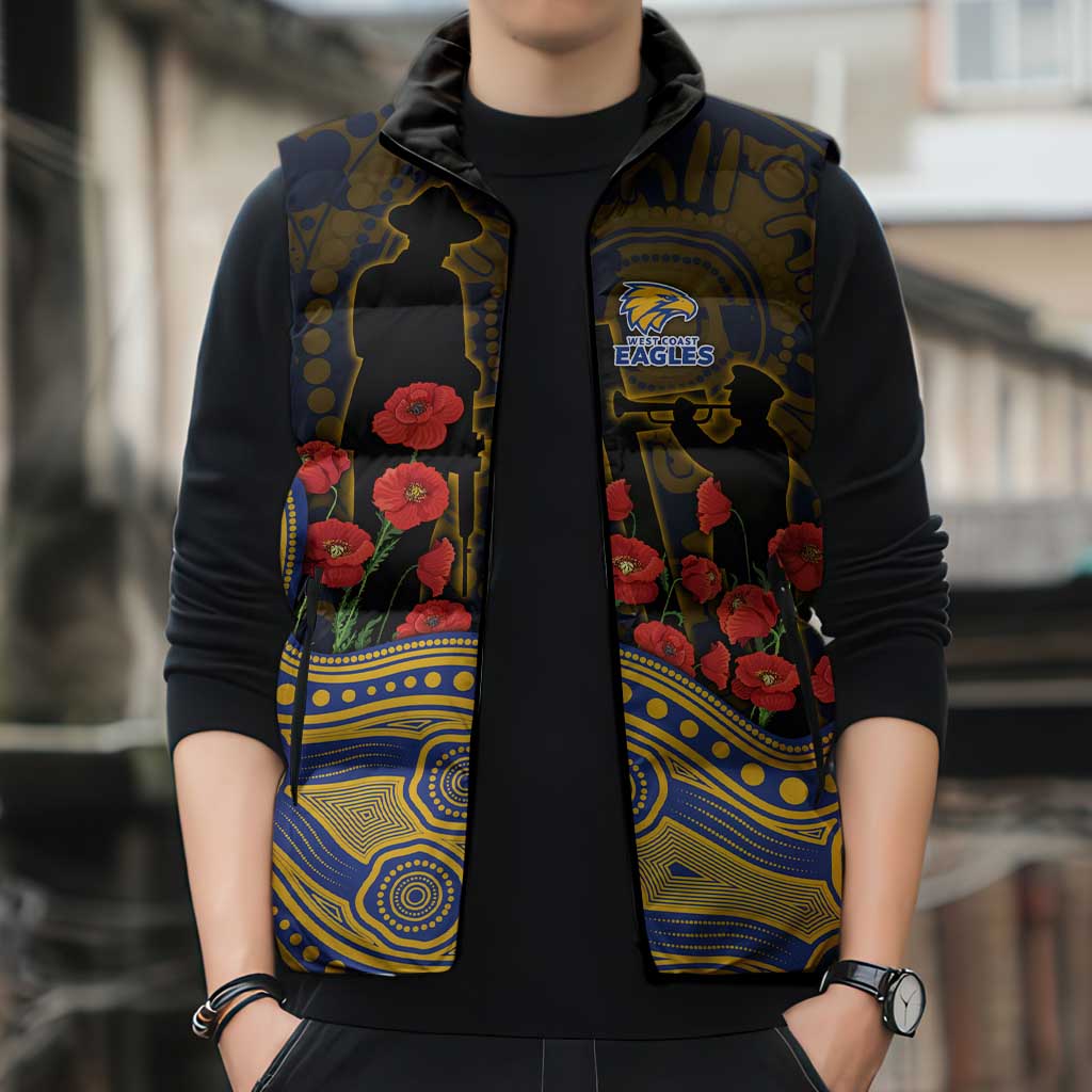 West Coast Eagles ANZAC Day Sleeveless Puffer Jacket Indigenous Dot Art with Poppy Flower Tribute
