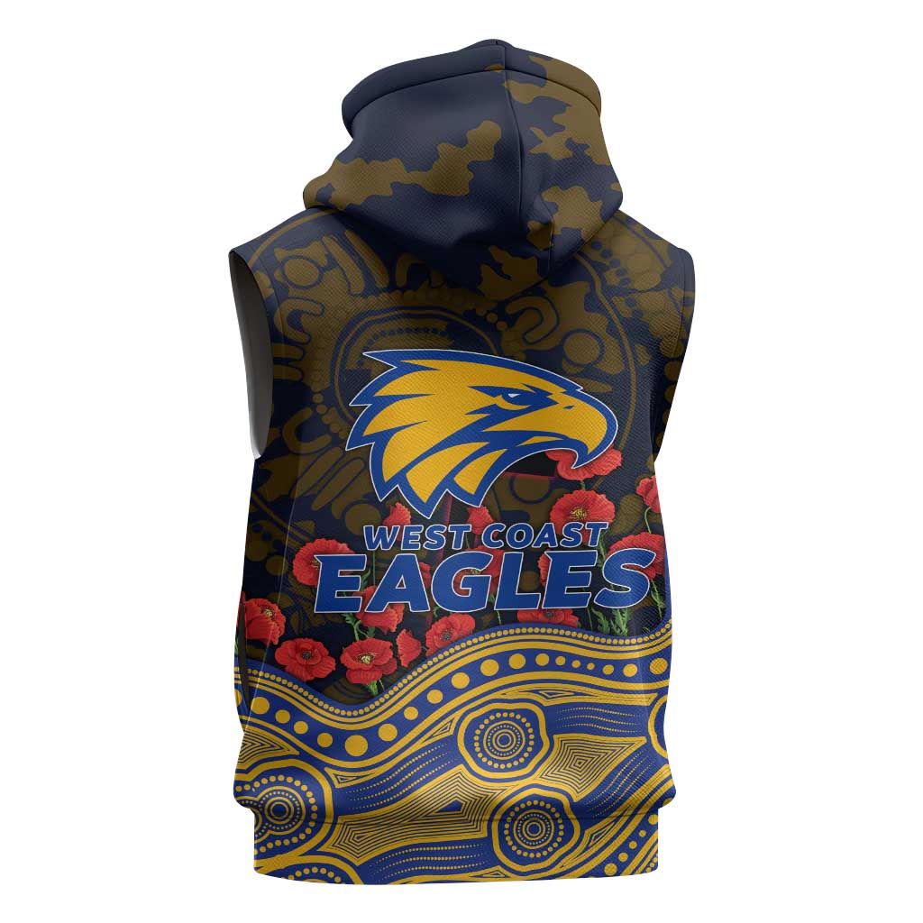 West Coast Eagles ANZAC Day Sleeveless Zip Hoodie Indigenous Dot Art with Poppy Flower Tribute