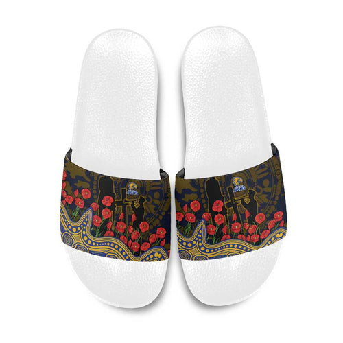 West Coast Eagles ANZAC Day Slide Sandals Indigenous Dot Art with Poppy Flower Tribute