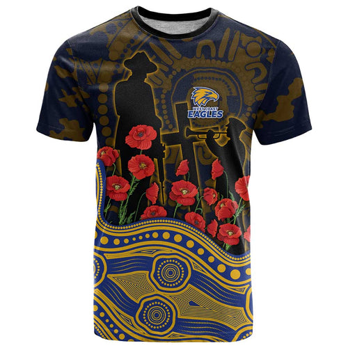 West Coast Eagles ANZAC Day T Shirt Indigenous Dot Art with Poppy Flower Tribute
