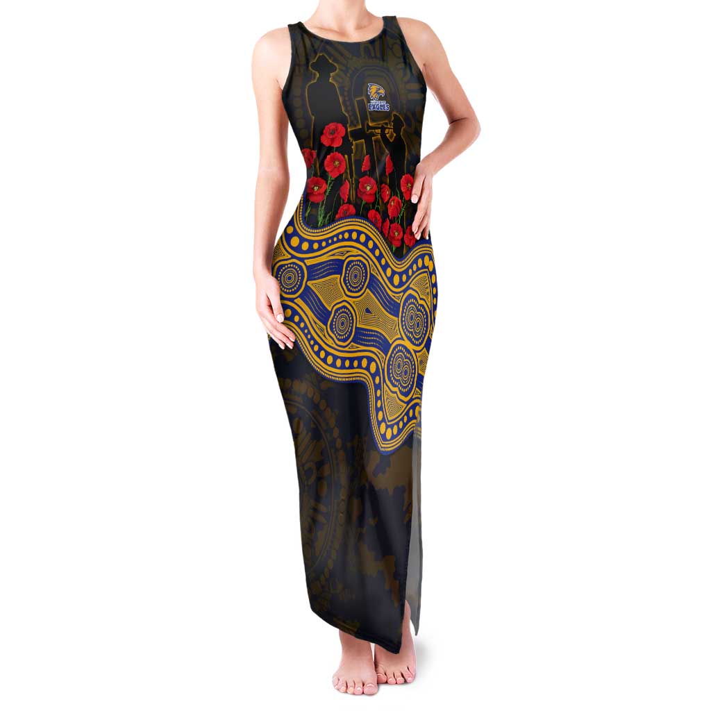 West Coast Eagles ANZAC Day Tank Maxi Dress Indigenous Dot Art with Poppy Flower Tribute