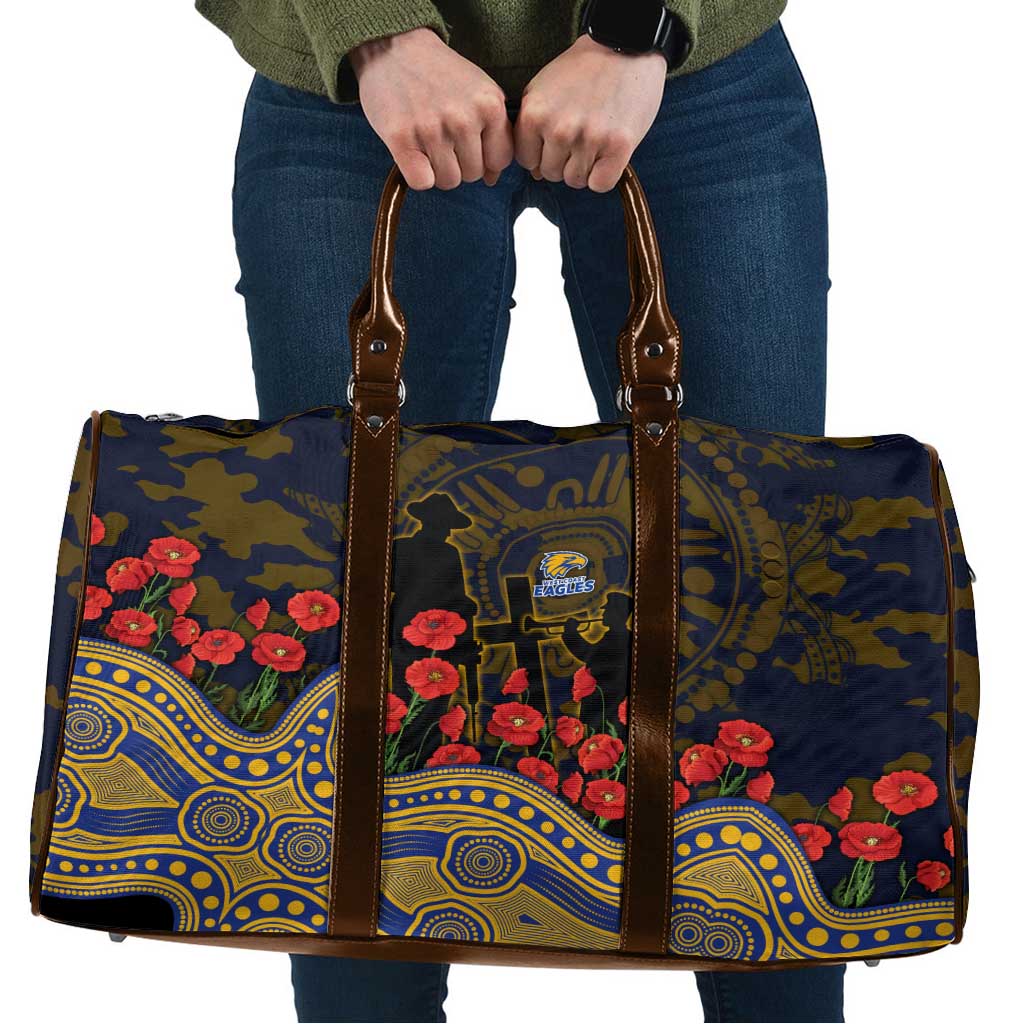 West Coast Eagles ANZAC Day Travel Bag Indigenous Dot Art with Poppy Flower Tribute