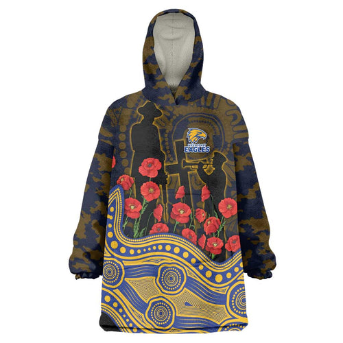 West Coast Eagles ANZAC Day Wearable Blanket Hoodie Indigenous Dot Art with Poppy Flower Tribute