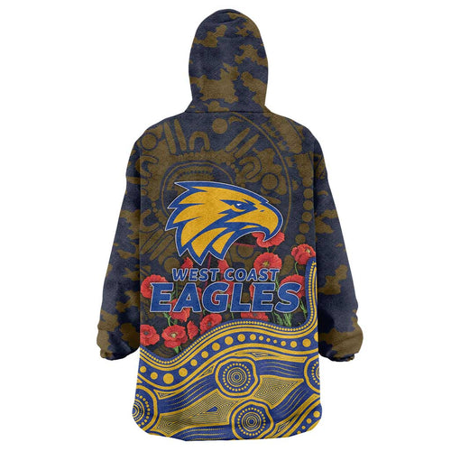 West Coast Eagles ANZAC Day Wearable Blanket Hoodie Indigenous Dot Art with Poppy Flower Tribute