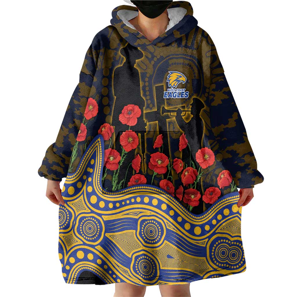 West Coast Eagles ANZAC Day Wearable Blanket Hoodie Indigenous Dot Art with Poppy Flower Tribute