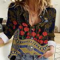 West Coast Eagles ANZAC Day Women Casual Shirt Indigenous Dot Art with Poppy Flower Tribute