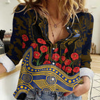 West Coast Eagles ANZAC Day Women Casual Shirt Indigenous Dot Art with Poppy Flower Tribute