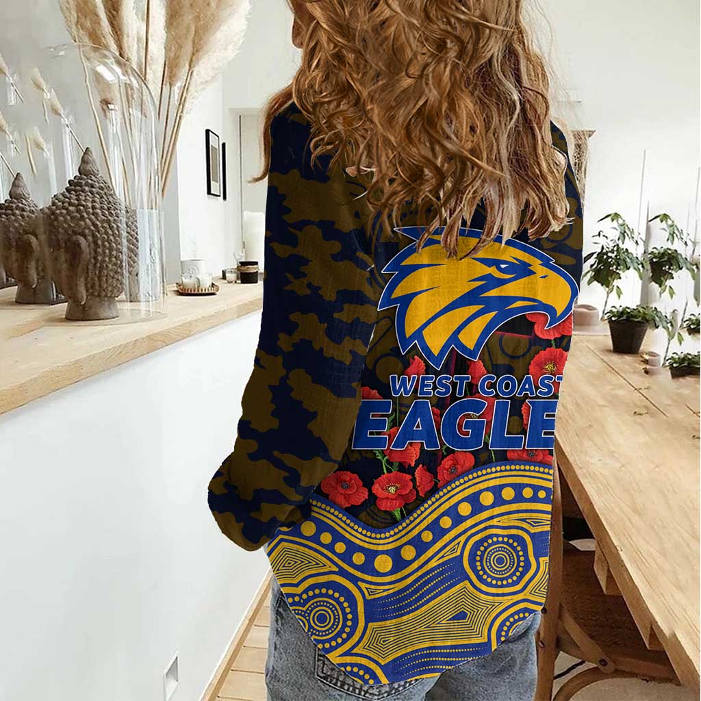 West Coast Eagles ANZAC Day Women Casual Shirt Indigenous Dot Art with Poppy Flower Tribute
