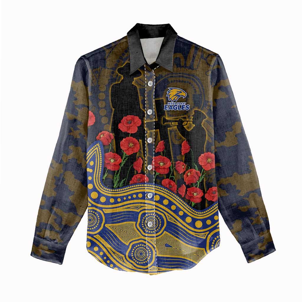 West Coast Eagles ANZAC Day Women Casual Shirt Indigenous Dot Art with Poppy Flower Tribute