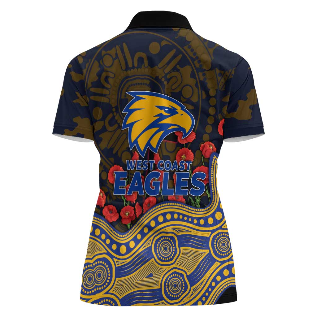 West Coast Eagles ANZAC Day Women Polo Shirt Indigenous Dot Art with Poppy Flower Tribute