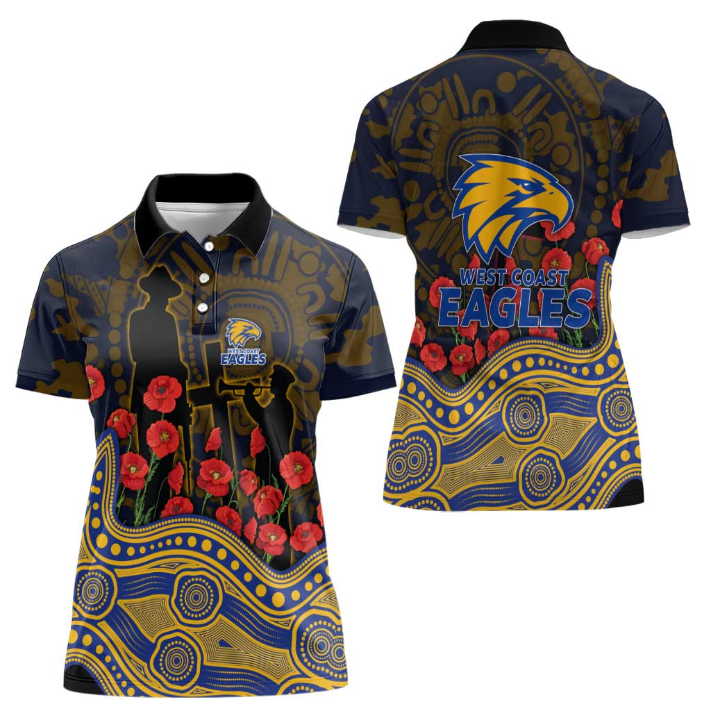 West Coast Eagles ANZAC Day Women Polo Shirt Indigenous Dot Art with Poppy Flower Tribute