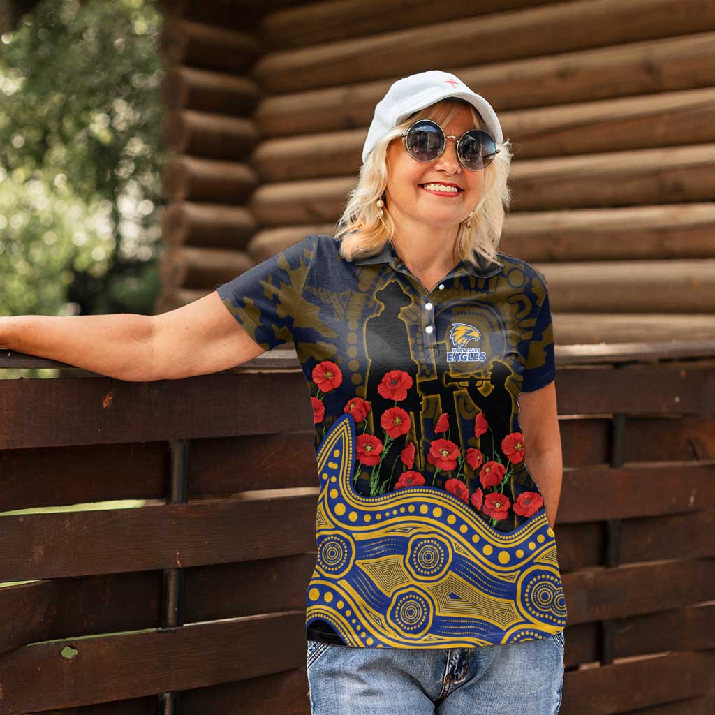 West Coast Eagles ANZAC Day Women Polo Shirt Indigenous Dot Art with Poppy Flower Tribute