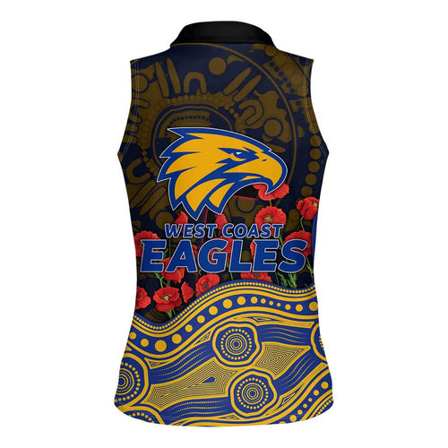 West Coast Eagles ANZAC Day Women Sleeveless Polo Shirt Indigenous Dot Art with Poppy Flower Tribute