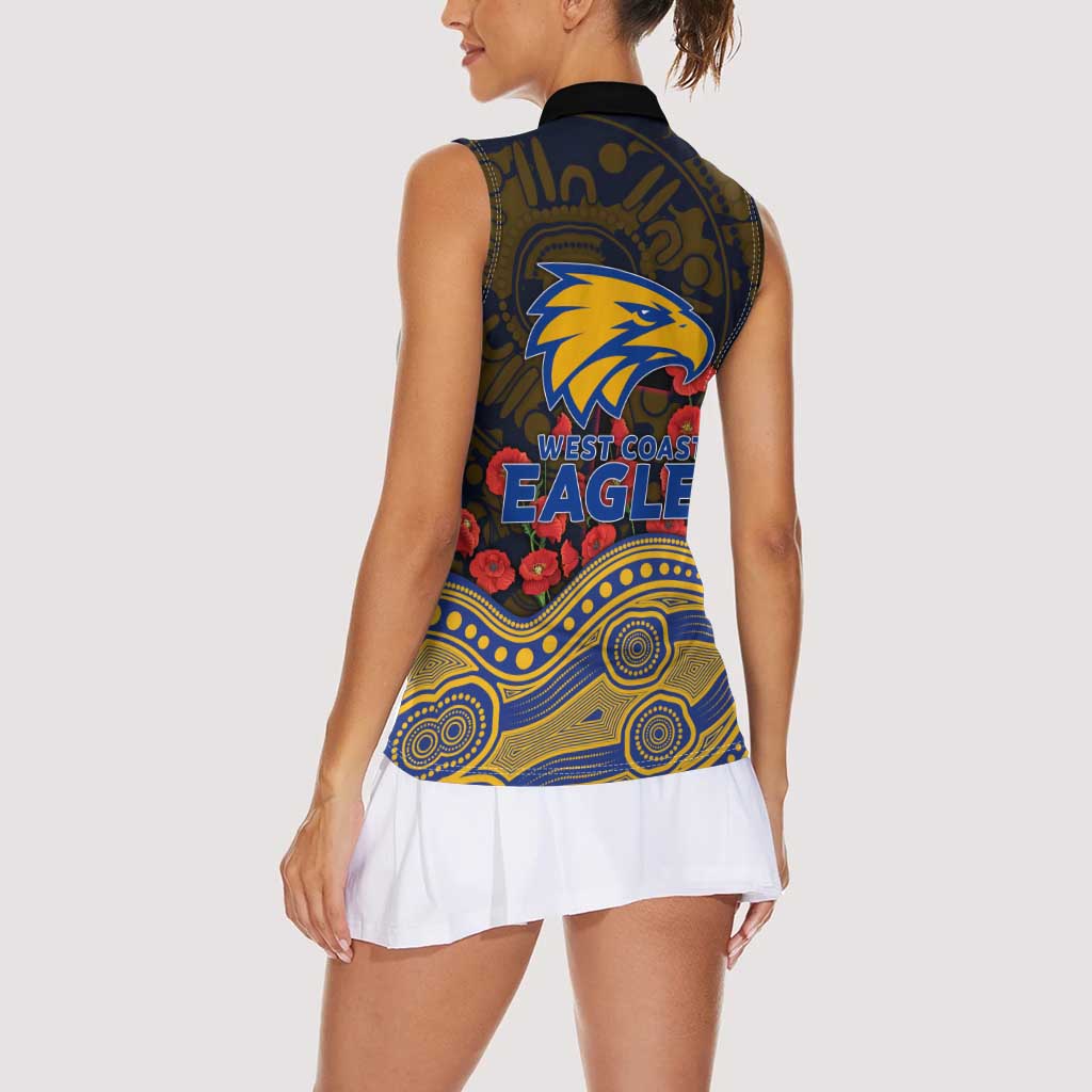 West Coast Eagles ANZAC Day Women Sleeveless Polo Shirt Indigenous Dot Art with Poppy Flower Tribute