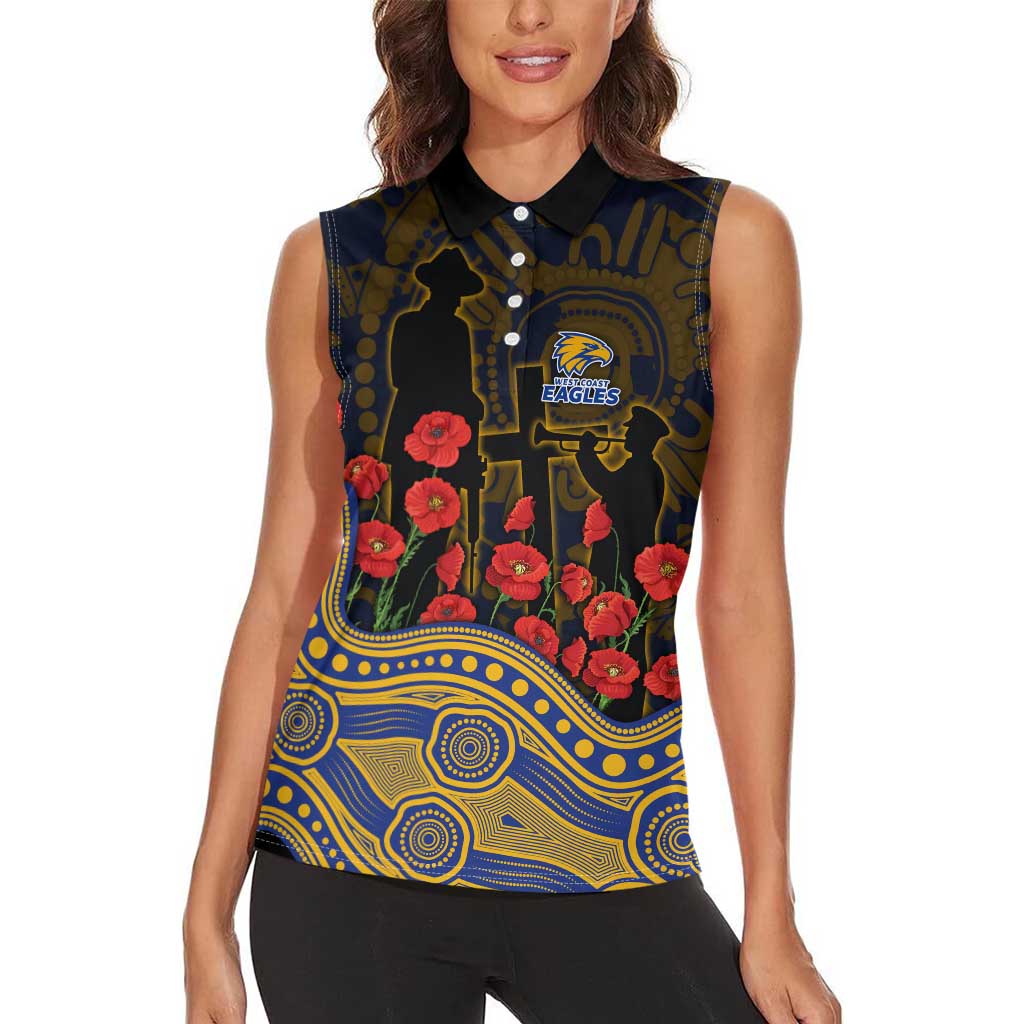 West Coast Eagles ANZAC Day Women Sleeveless Polo Shirt Indigenous Dot Art with Poppy Flower Tribute