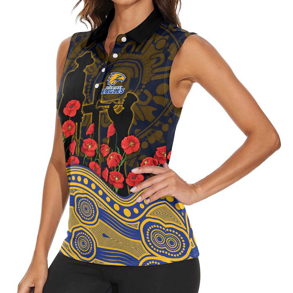 West Coast Eagles ANZAC Day Women Sleeveless Polo Shirt Indigenous Dot Art with Poppy Flower Tribute