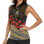 West Coast Eagles ANZAC Day Women Sleeveless Polo Shirt Indigenous Dot Art with Poppy Flower Tribute