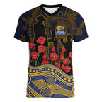 West Coast Eagles ANZAC Day Women V-Neck T-Shirt Indigenous Dot Art with Poppy Flower Tribute