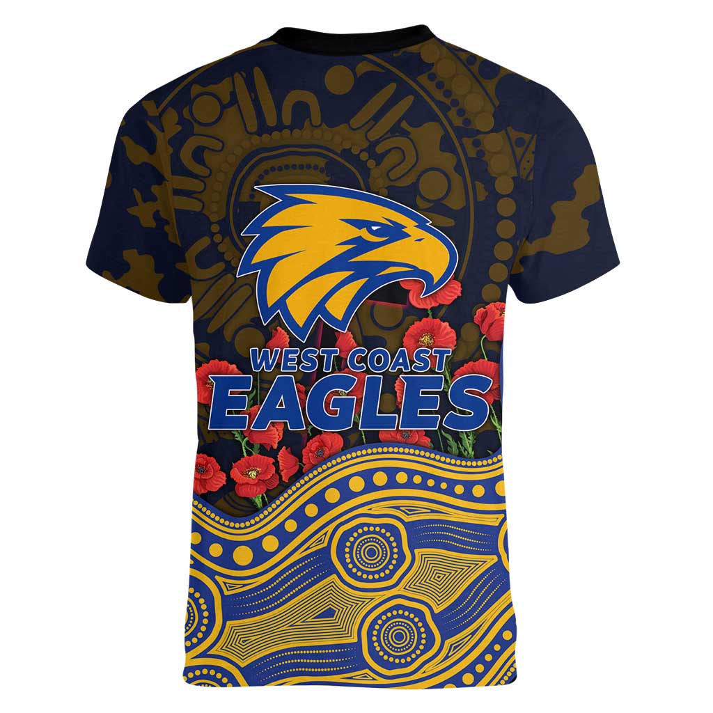 West Coast Eagles ANZAC Day Women V-Neck T-Shirt Indigenous Dot Art with Poppy Flower Tribute