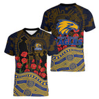 West Coast Eagles ANZAC Day Women V-Neck T-Shirt Indigenous Dot Art with Poppy Flower Tribute