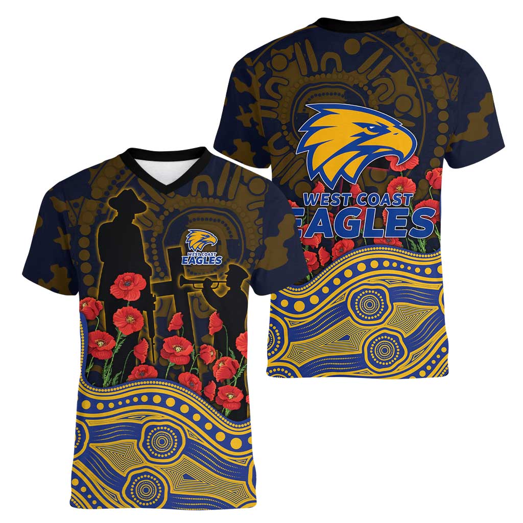 West Coast Eagles ANZAC Day Women V-Neck T-Shirt Indigenous Dot Art with Poppy Flower Tribute