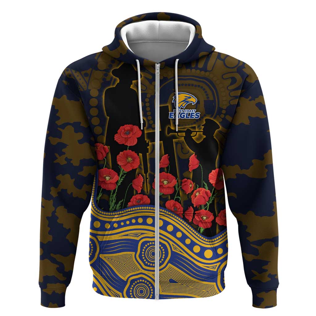 West Coast Eagles ANZAC Day Zip Hoodie Indigenous Dot Art with Poppy Flower Tribute