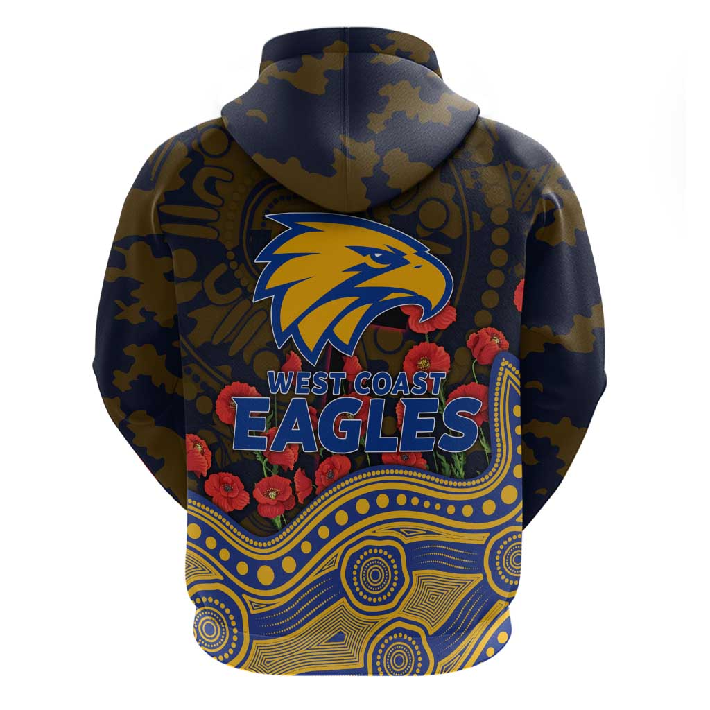 West Coast Eagles ANZAC Day Zip Hoodie Indigenous Dot Art with Poppy Flower Tribute