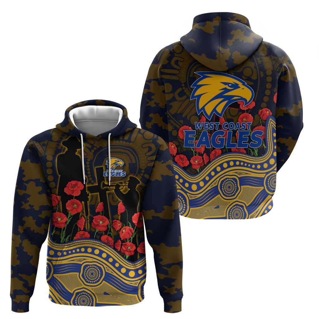 West Coast Eagles ANZAC Day Zip Hoodie Indigenous Dot Art with Poppy Flower Tribute