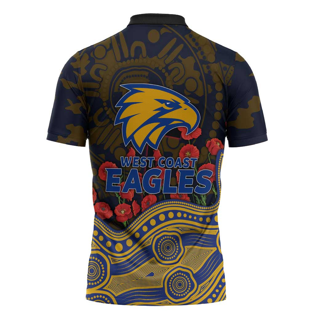 West Coast Eagles ANZAC Day Zipper Polo Shirt Indigenous Dot Art with Poppy Flower Tribute